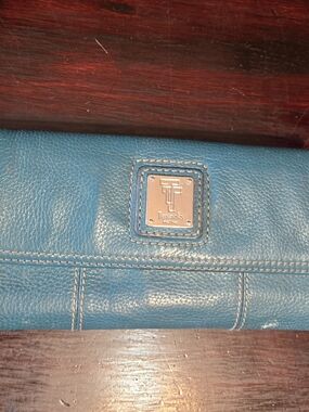 TIGNANELLO  Teal Blue Leather Zippered Wallet Multi Pocket Print Paisley Floral